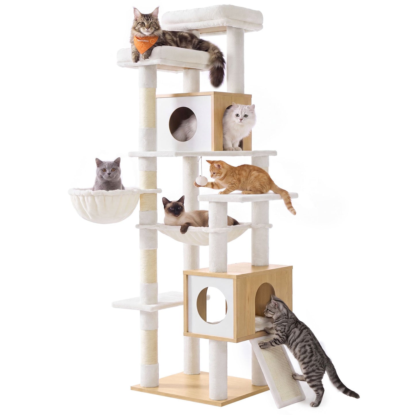 Feandrea Tall Cat Tree, 8-Tier Wood Tower with 2 Condos, Scratching Post Cat Houses – Oak Beige and Cloud White