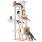 Feandrea Tall Cat Tree, 8-Tier Wood Tower with 2 Condos, Scratching Post Cat Houses – Oak Beige and Cloud White