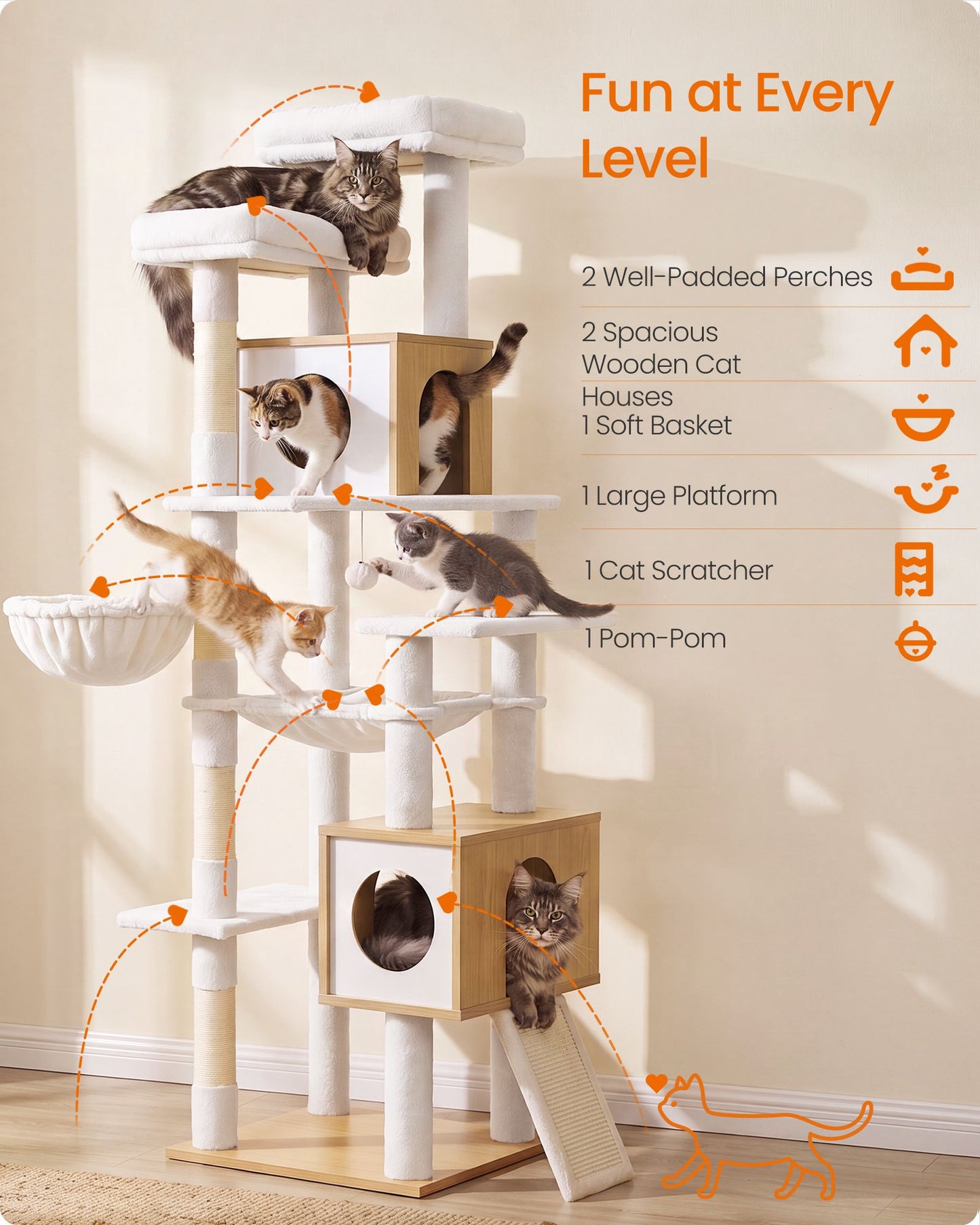 Feandrea Tall Cat Tree, 8-Tier Wood Tower with 2 Condos, Scratching Post Cat Houses – Oak Beige and Cloud White