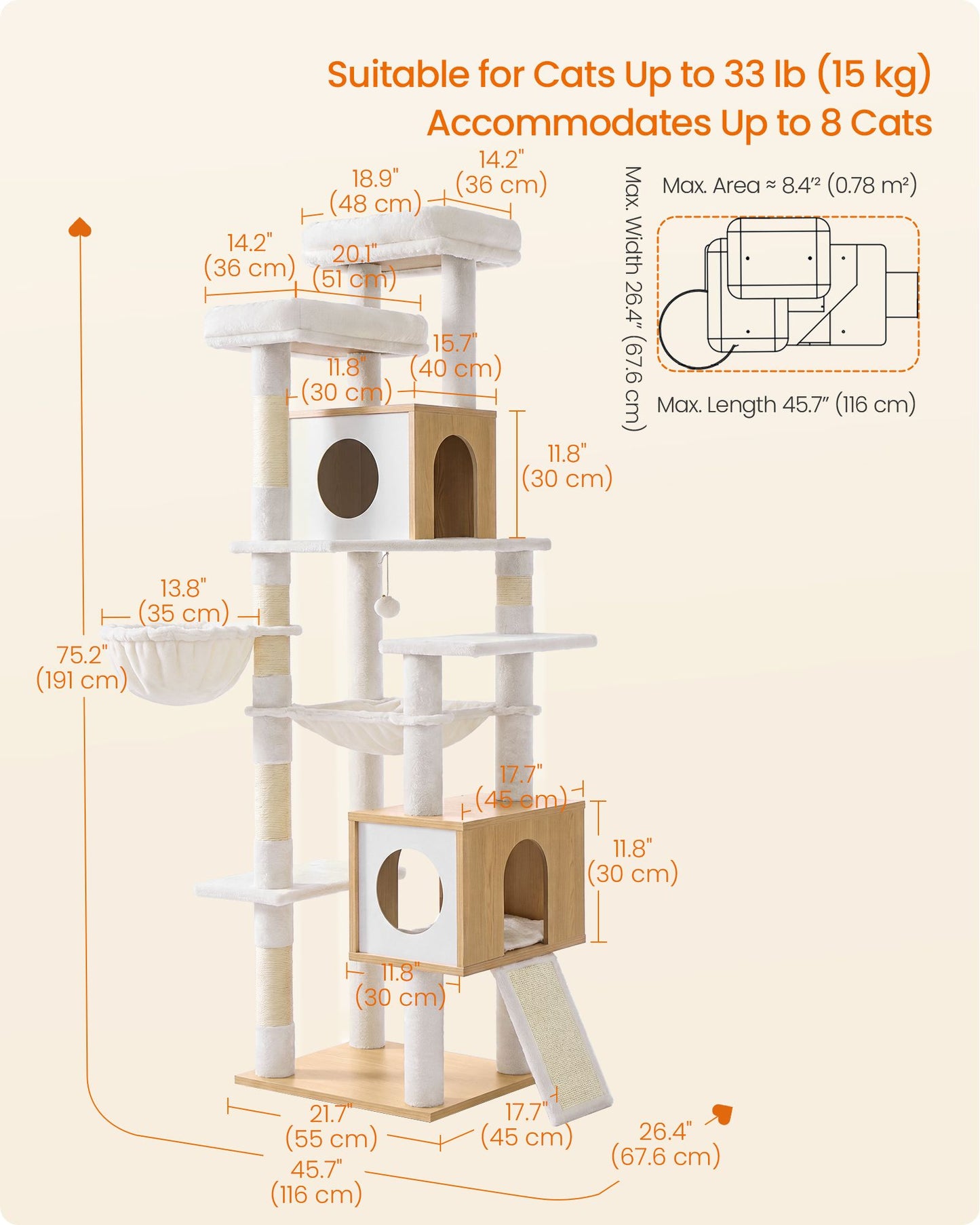 Feandrea Tall Cat Tree, 8-Tier Wood Tower with 2 Condos, Scratching Post Cat Houses – Oak Beige and Cloud White