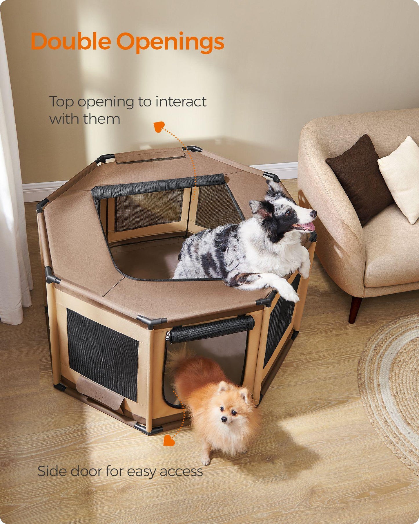 Octagon Dog Playpen L Walnut Brown and Camel Brown