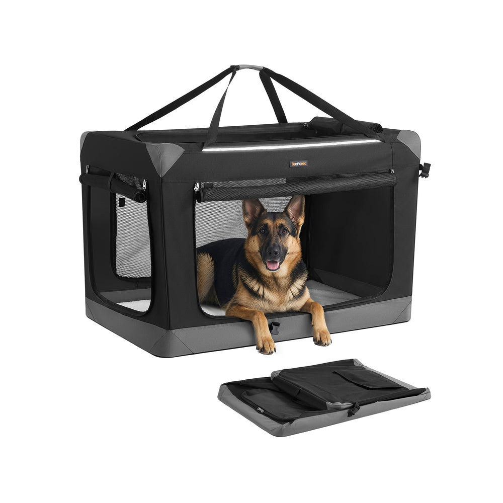 Feandrea Collapsible Fabric Dog Crate with Mesh Doors for Travel – Ink Black, Dove Gray – 42"L x 28"W x 28"H