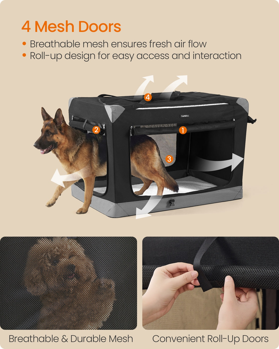 Feandrea Collapsible Fabric Dog Crate with Mesh Doors for Travel – Ink Black, Dove Gray – 42"L x 28"W x 28"H