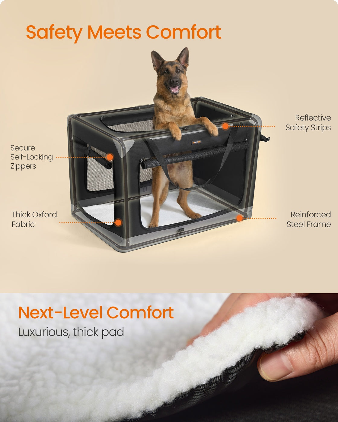 Feandrea Collapsible Fabric Dog Crate with Mesh Doors for Travel – Ink Black, Dove Gray – 42"L x 28"W x 28"H