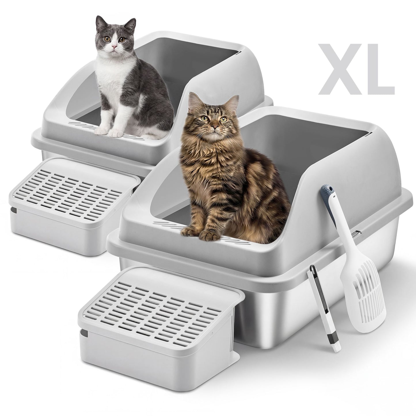 Feandrea 2 Pack Stainless Steel Cat Litter Boxes with Open Top – Light Gray