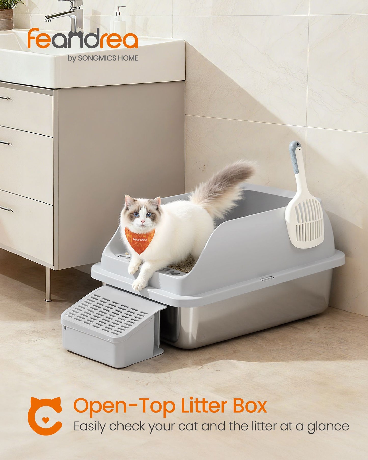 Feandrea 2 Pack Stainless Steel Cat Litter Boxes with Open Top – Light Gray
