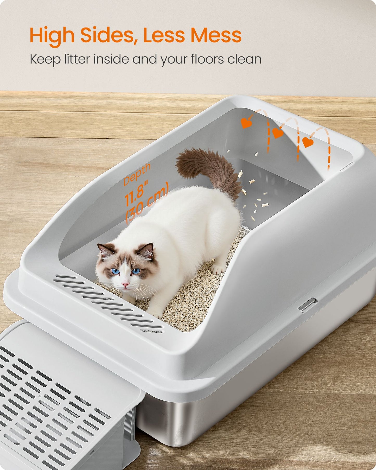 Feandrea 2 Pack Stainless Steel Cat Litter Boxes with Open Top – Light Gray