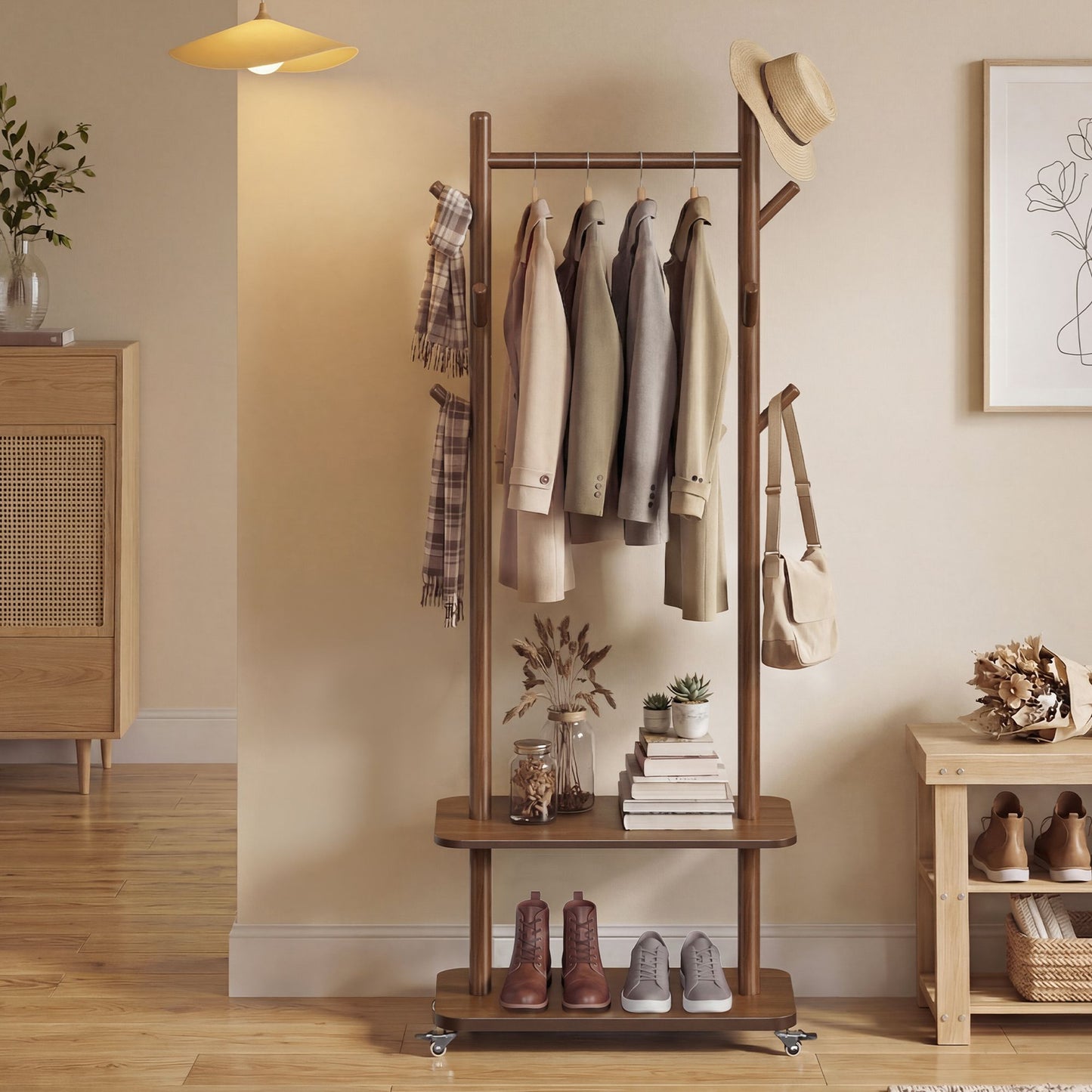 VASAGLE Walnut Brown Coat Rack with 7 Hooks 2 Shelves and Wheels
