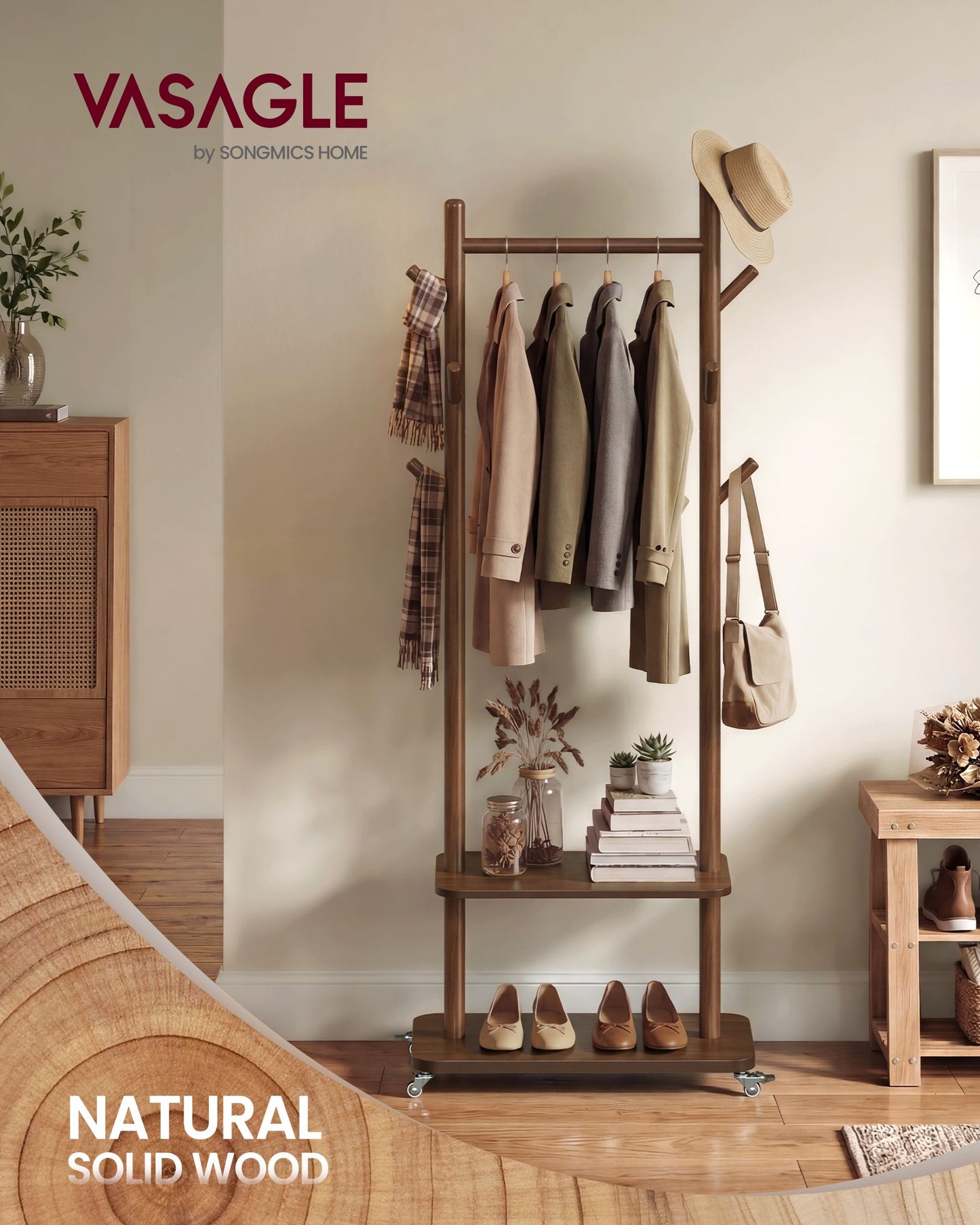 VASAGLE Walnut Brown Coat Rack with 7 Hooks 2 Shelves and Wheels