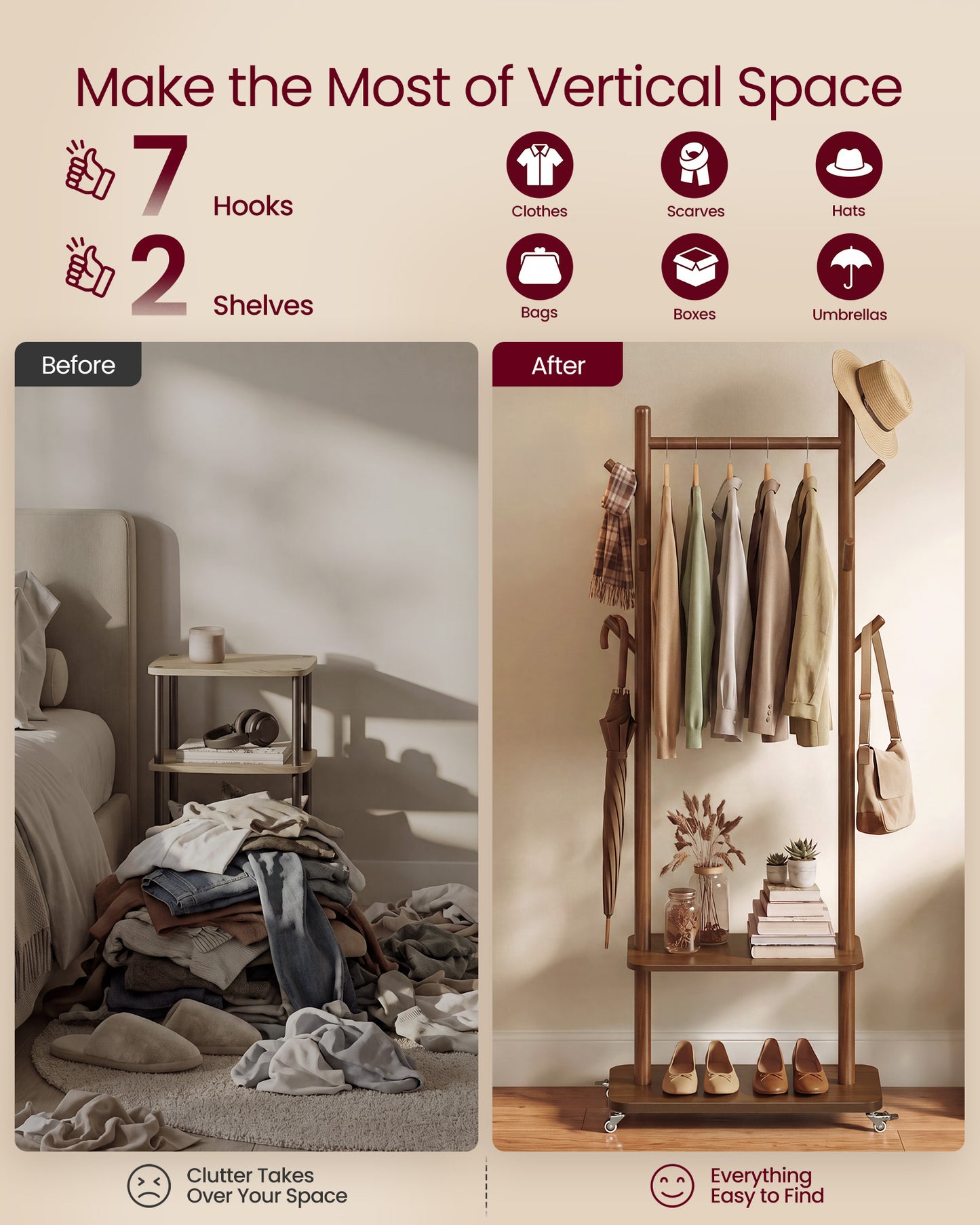 VASAGLE Walnut Brown Coat Rack with 7 Hooks 2 Shelves and Wheels
