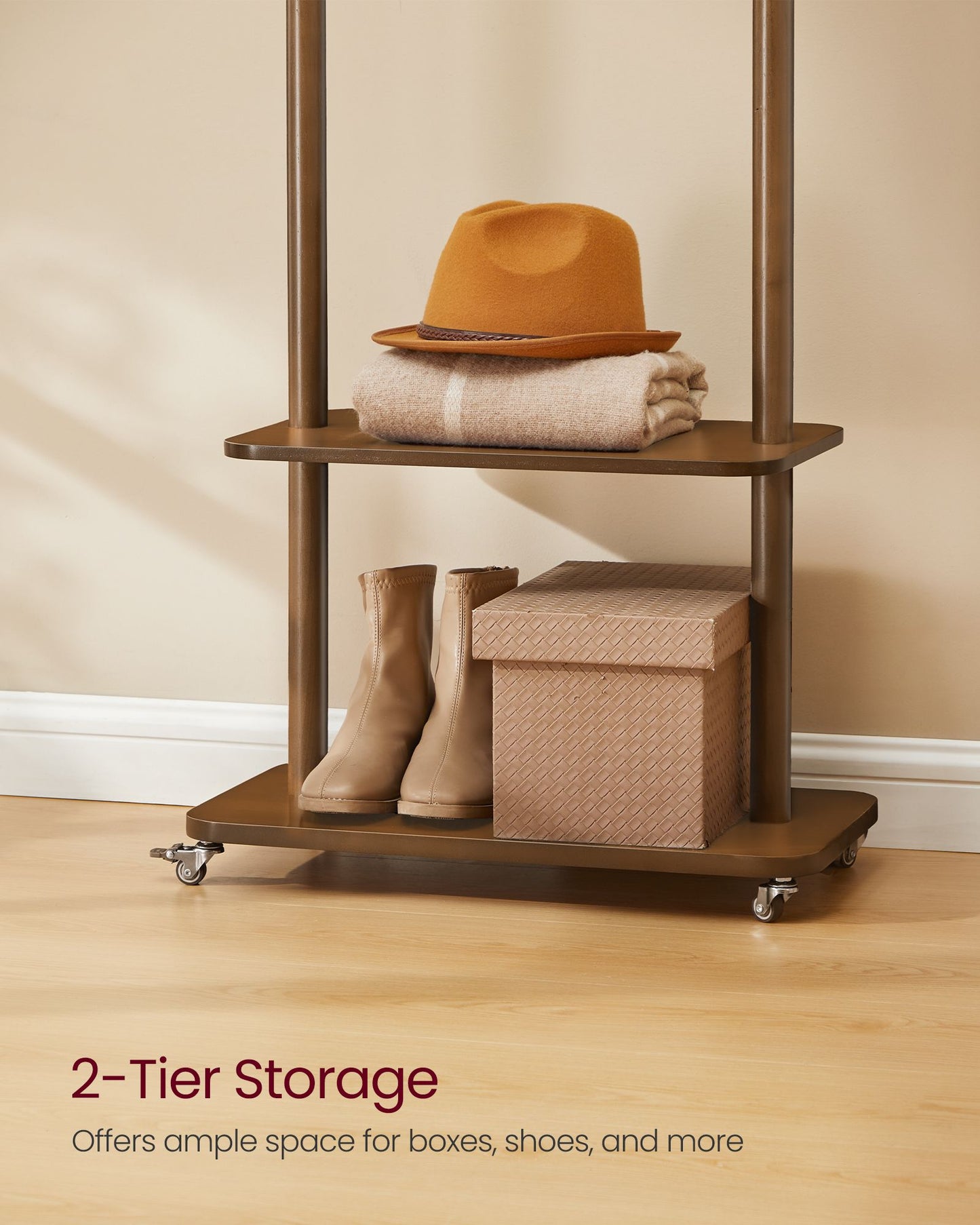 VASAGLE Walnut Brown Coat Rack with 7 Hooks 2 Shelves and Wheels