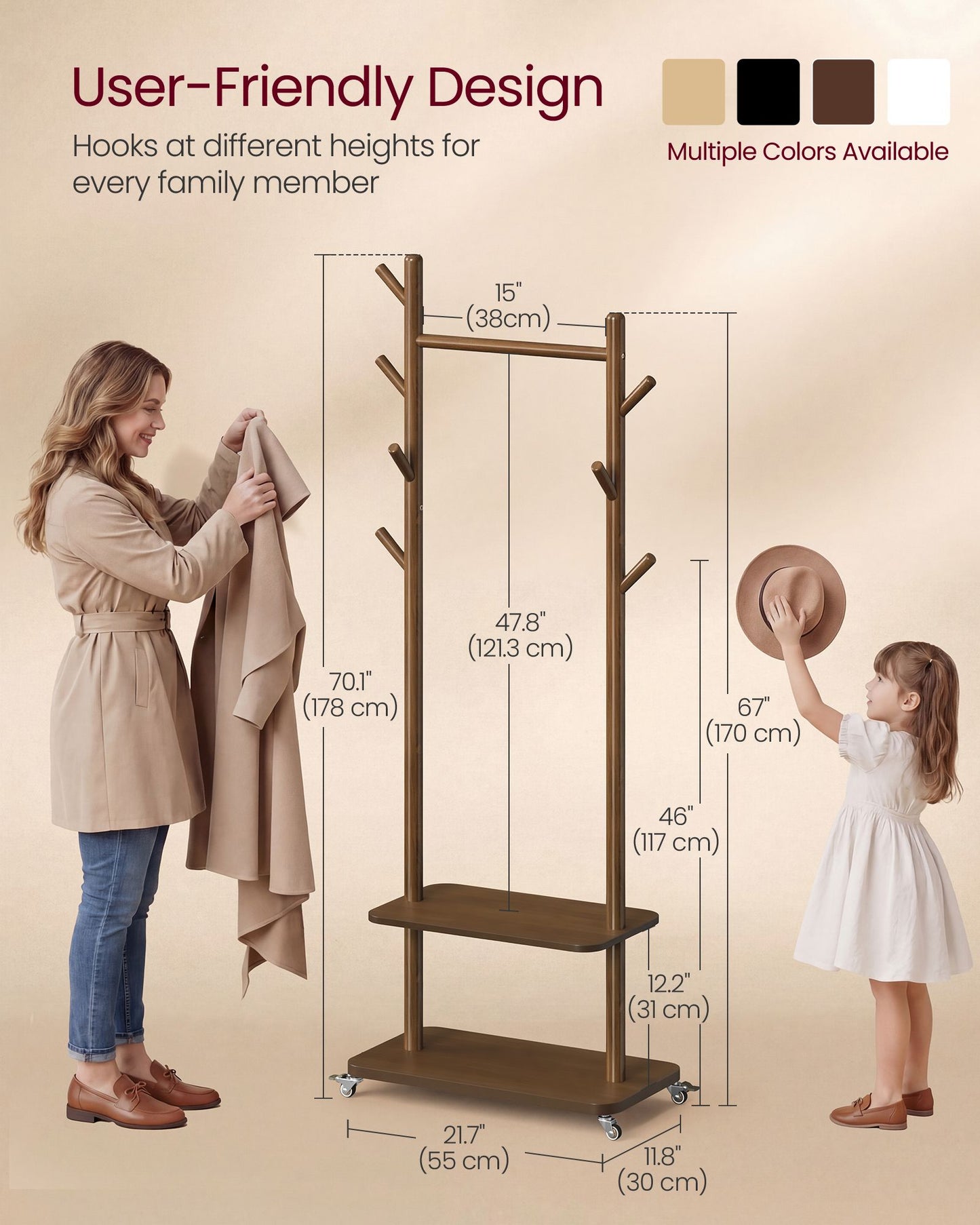 VASAGLE Walnut Brown Coat Rack with 7 Hooks 2 Shelves and Wheels