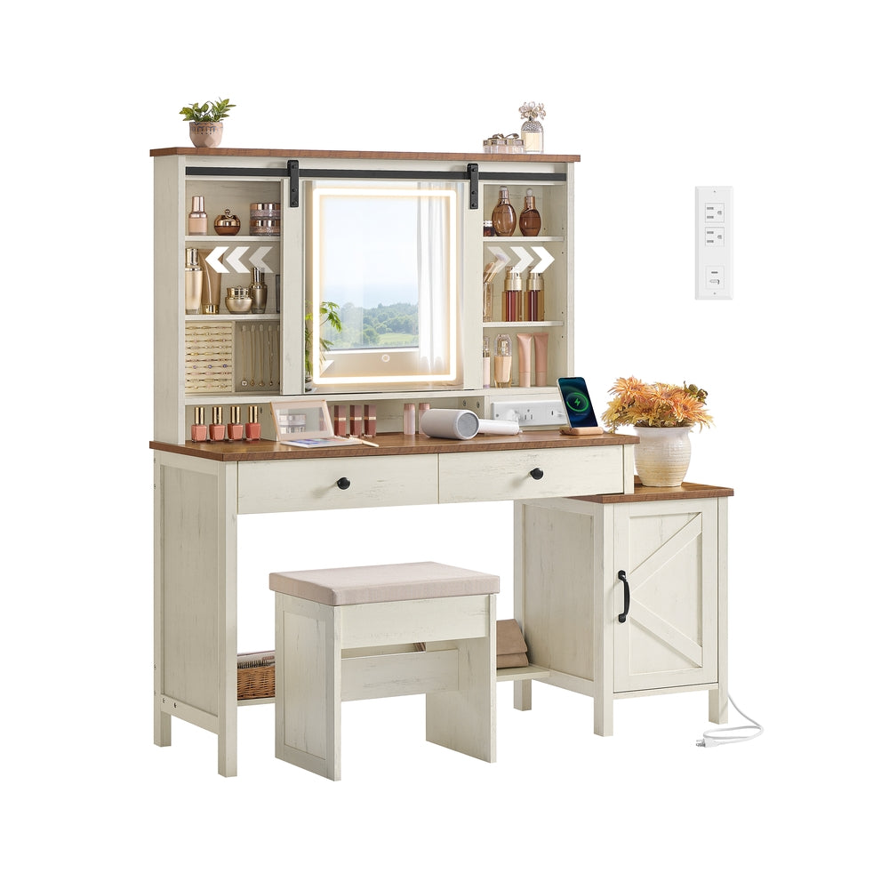 VASAGLE Liry Farmhouse Vanity Desk with Lighted Mirror and Storage – Rustic White, Honey Brown