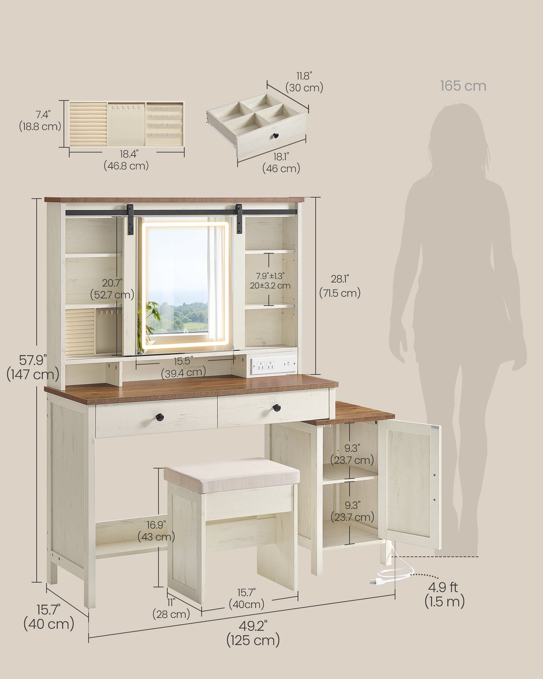 VASAGLE Liry Farmhouse Vanity Desk with Lighted Mirror and Storage – Rustic White, Honey Brown