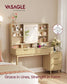 VASAGLE Maxe Vanity Desk with Sliding Mirror and Lights – Oak Beige