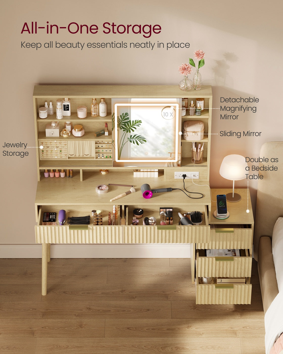 VASAGLE Maxe Vanity Desk with Sliding Mirror and Lights – Oak Beige