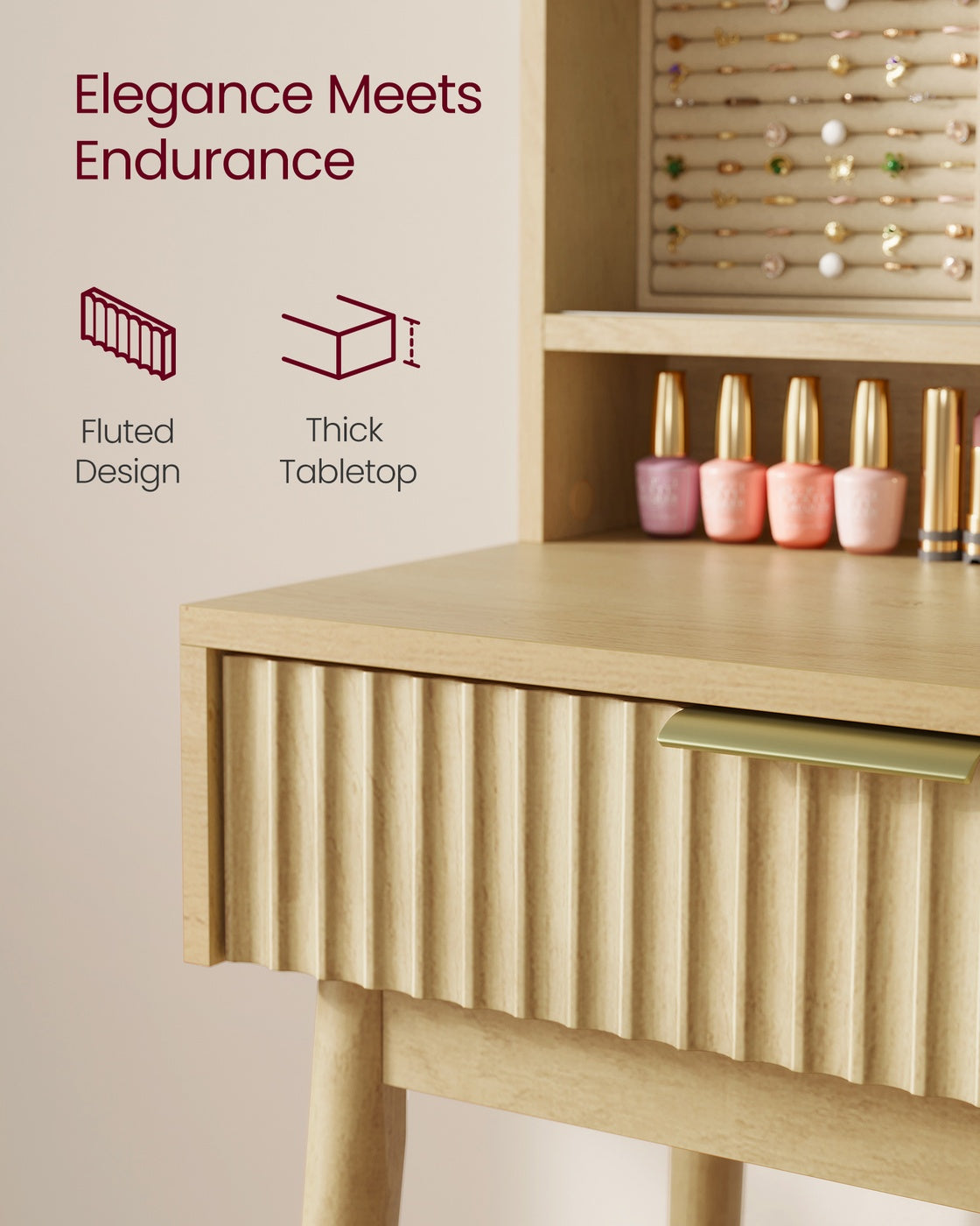VASAGLE Maxe Vanity Desk with Sliding Mirror and Lights – Oak Beige