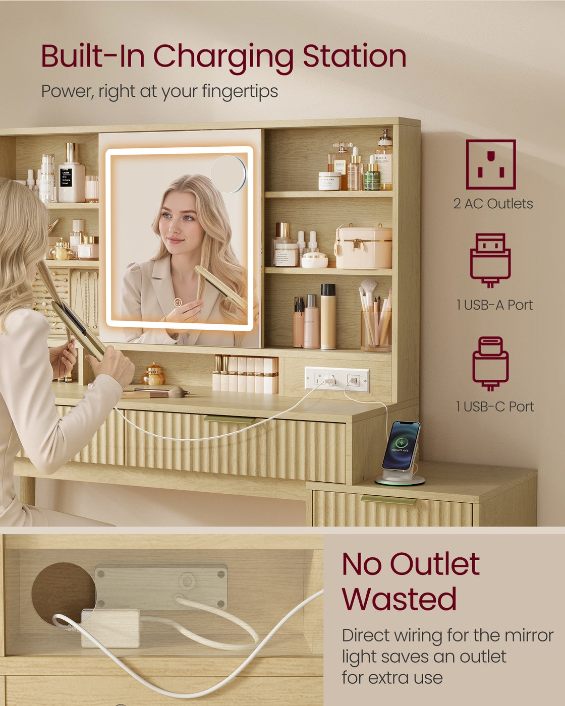 VASAGLE Maxe Vanity Desk with Sliding Mirror and Lights – Oak Beige