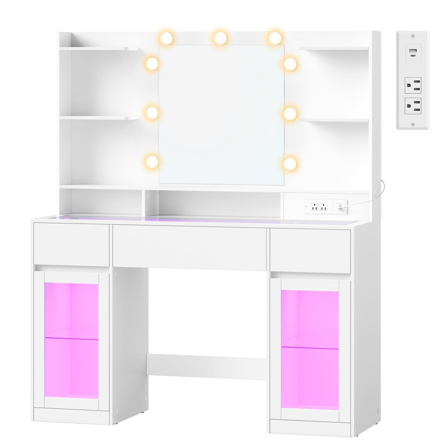 VASAGLE Cloud White Vanity Desk with Rgb Lights Power Outlets and Mirror