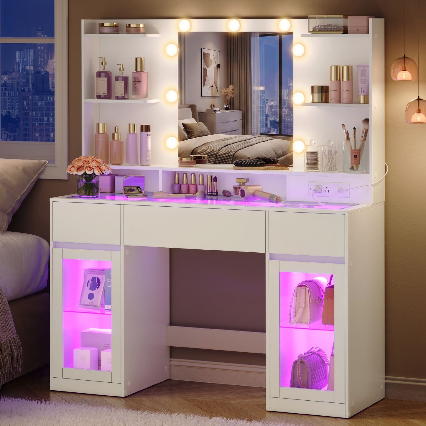 VASAGLE Cloud White Vanity Desk with Rgb Lights Power Outlets and Mirror