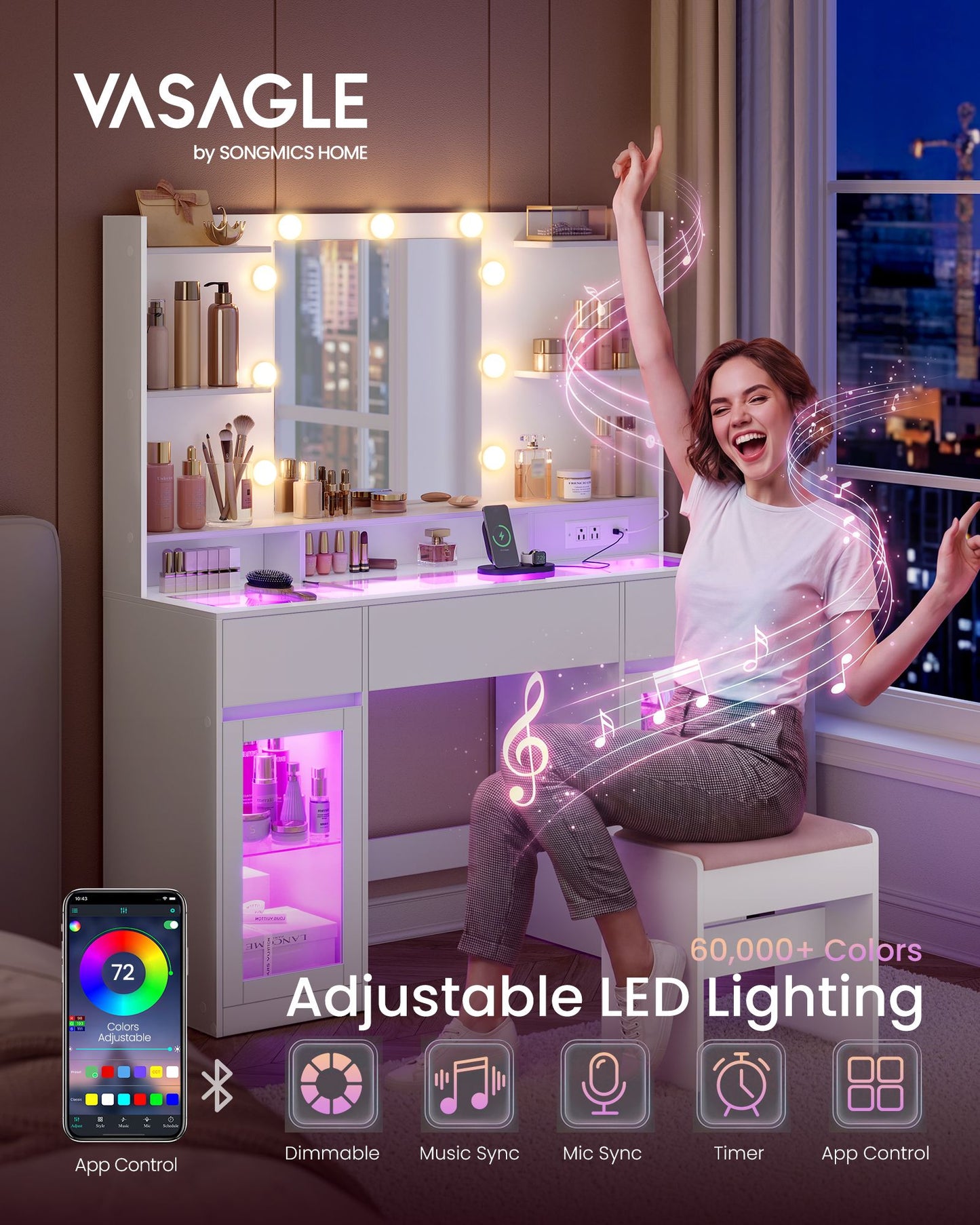 VASAGLE Cloud White Vanity Desk with Rgb Lights Power Outlets and Mirror