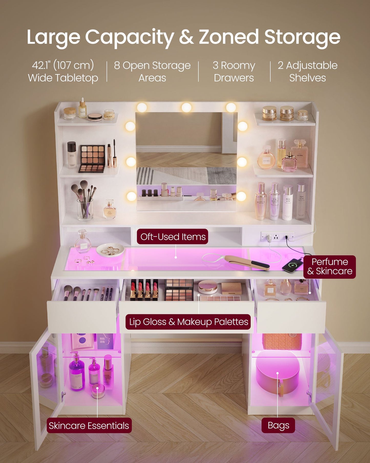 VASAGLE Cloud White Vanity Desk with Rgb Lights Power Outlets and Mirror