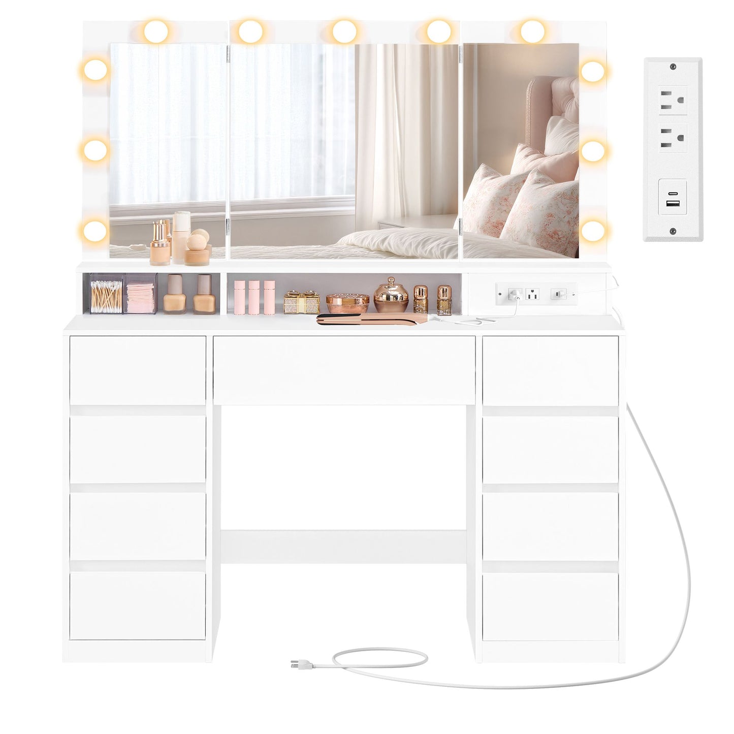 VASAGLE Cloud White Vanity Desk with LED Mirror and 9 Drawers