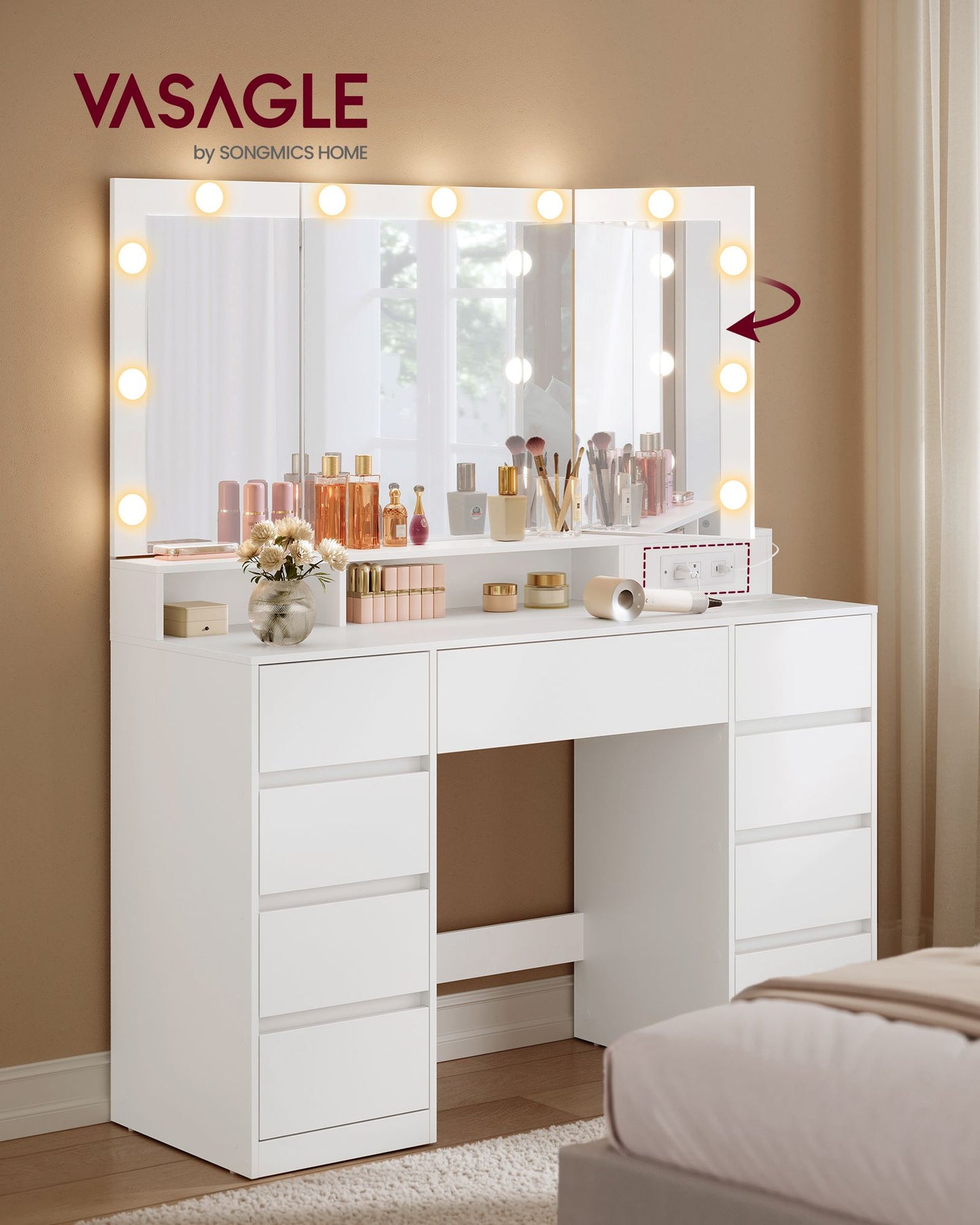 VASAGLE Cloud White Vanity Desk with LED Mirror and 9 Drawers