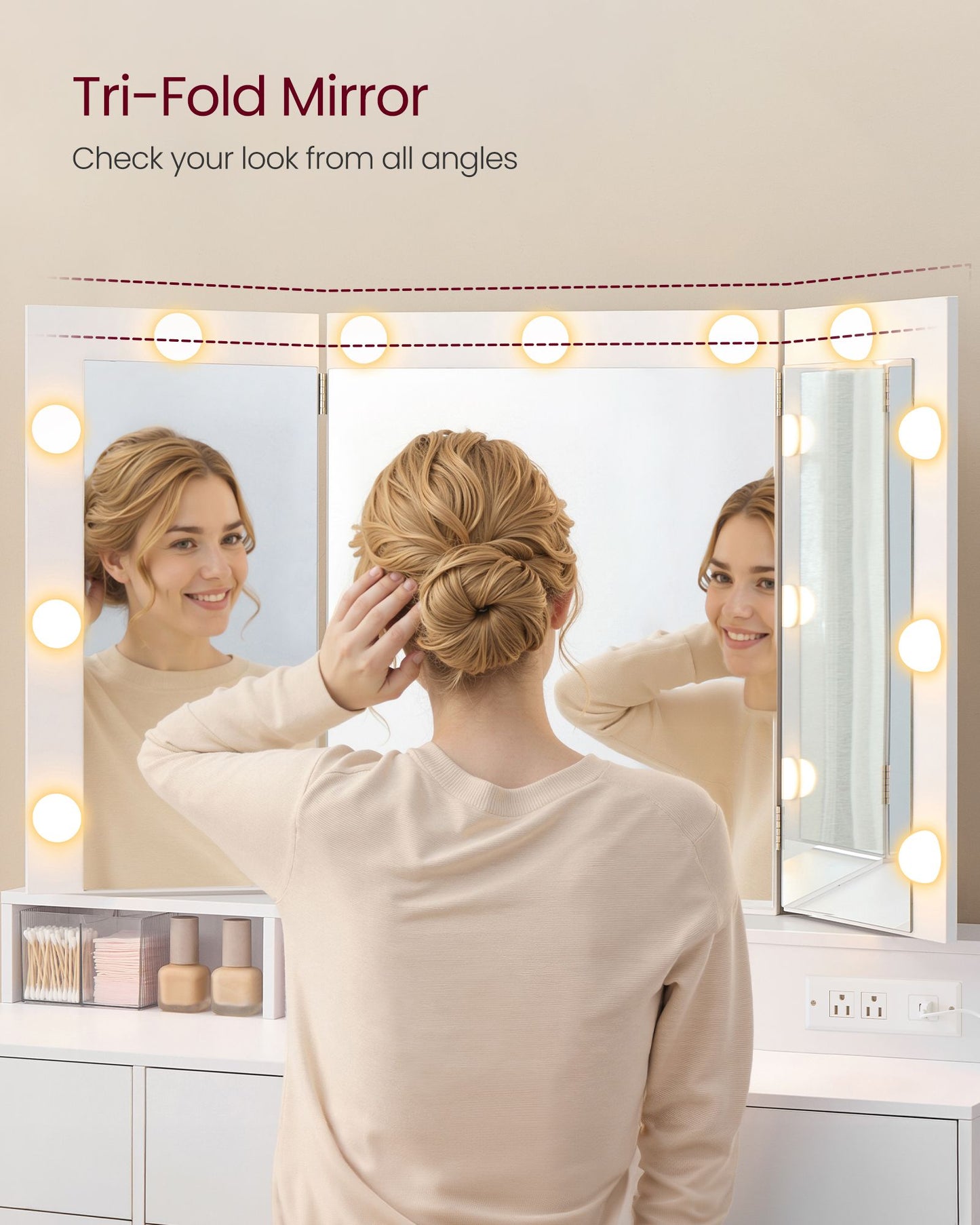 VASAGLE Cloud White Vanity Desk with LED Mirror and 9 Drawers