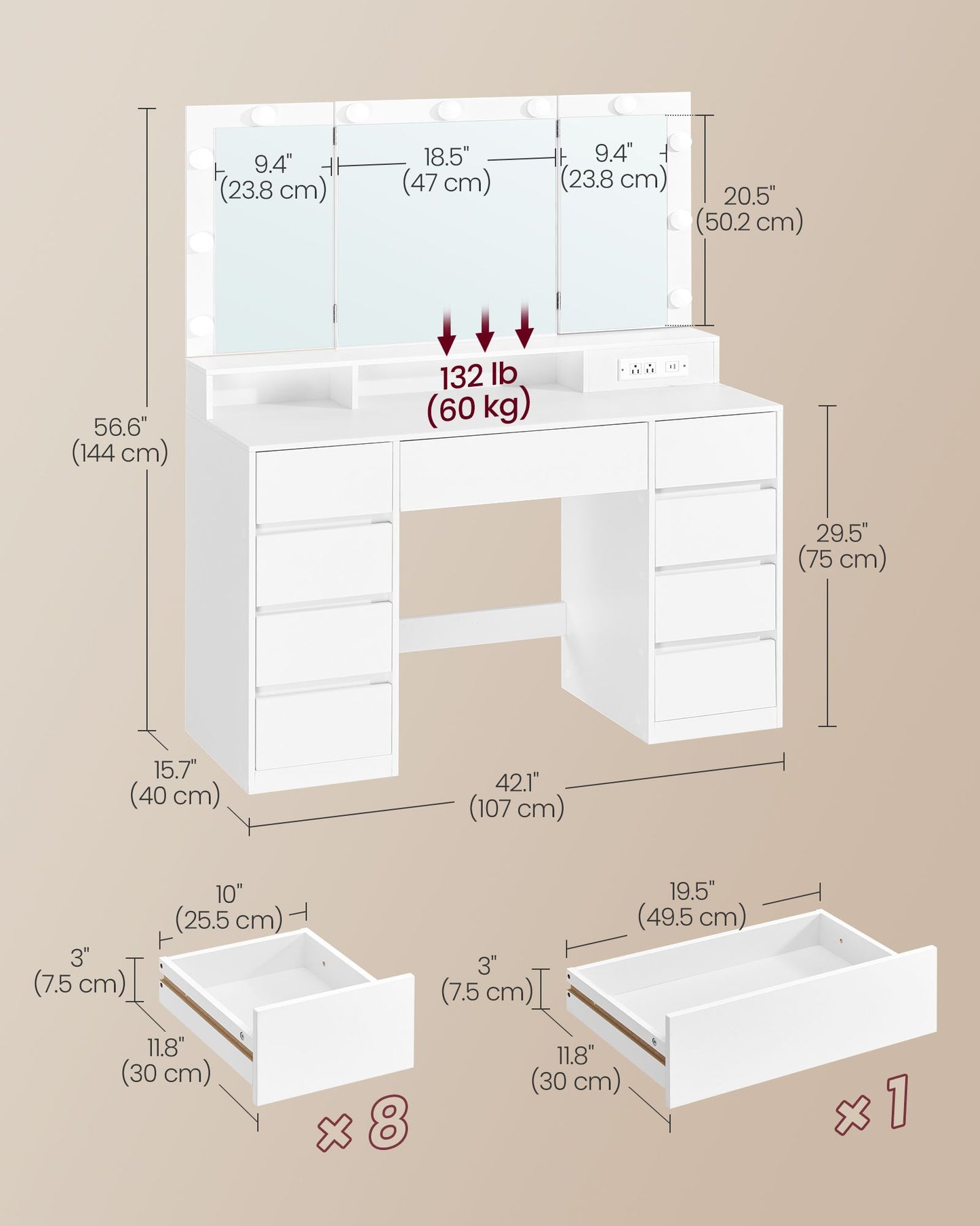 VASAGLE Cloud White Vanity Desk with LED Mirror and 9 Drawers