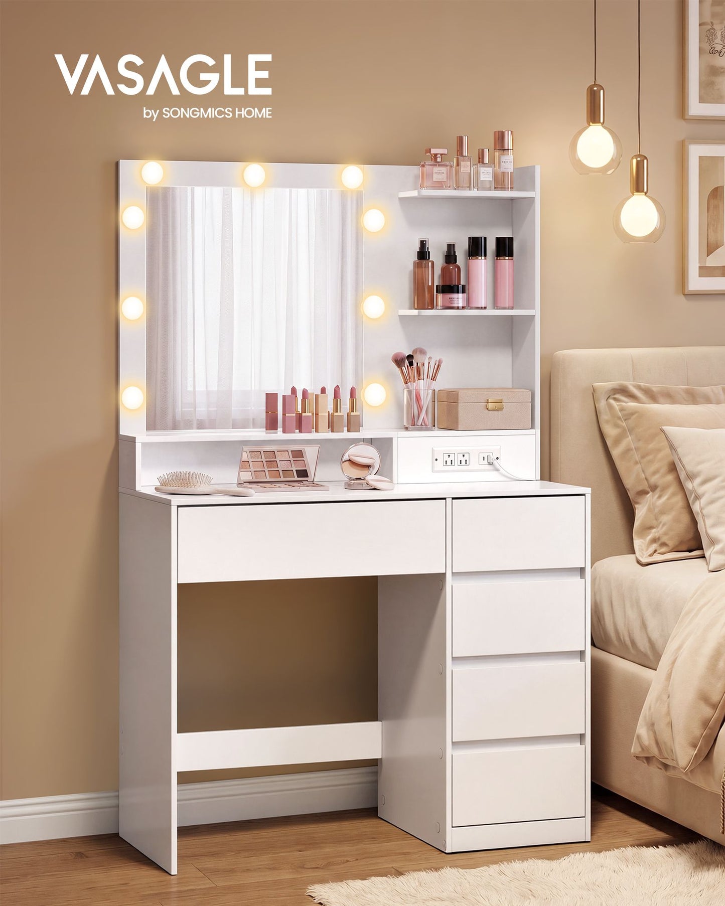 VASAGLE Cloud White Vanity Desk with Lit Mirror and Jewelry Storage – Matte White
