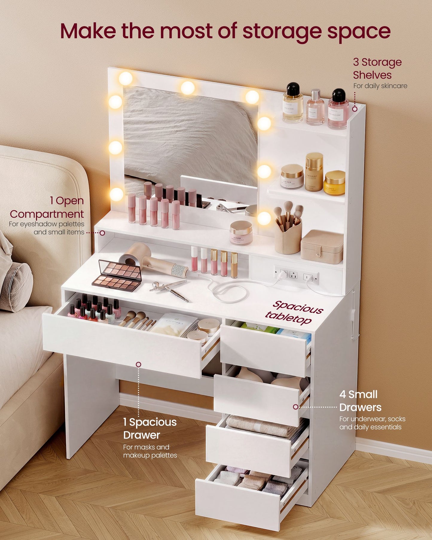 VASAGLE Cloud White Vanity Desk with Lit Mirror and Jewelry Storage – Matte White
