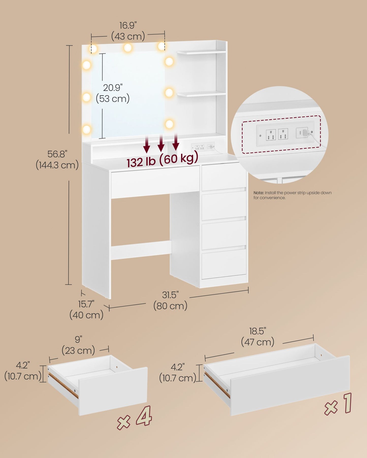 VASAGLE Cloud White Vanity Desk with Lit Mirror and Jewelry Storage – Matte White