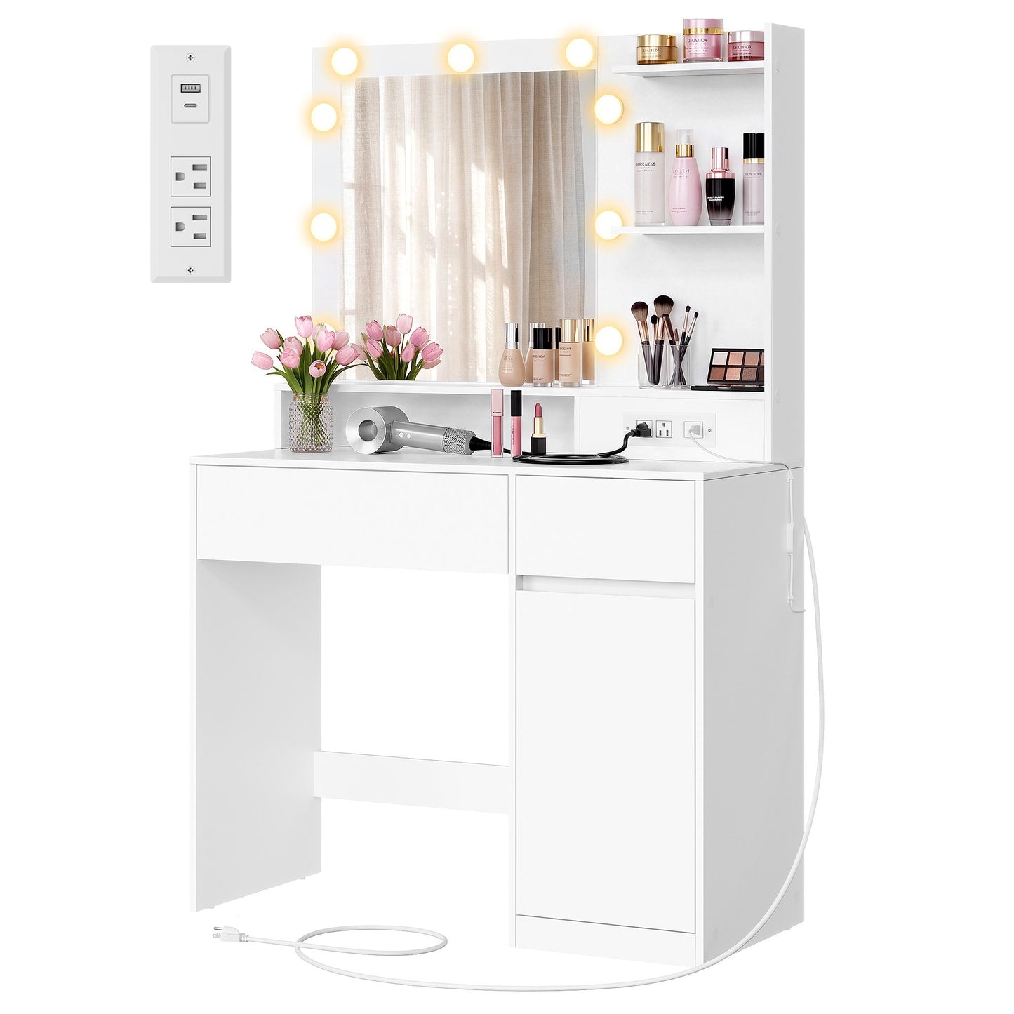 VASAGLE Cloud White Vanity Desk with Lit Mirror and Outlets – Matte White