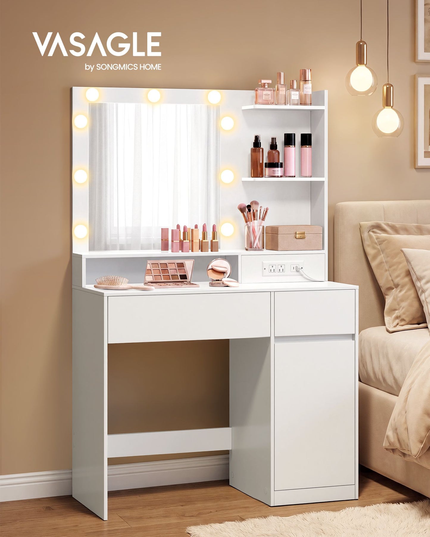 VASAGLE Cloud White Vanity Desk with Lit Mirror and Outlets – Matte White