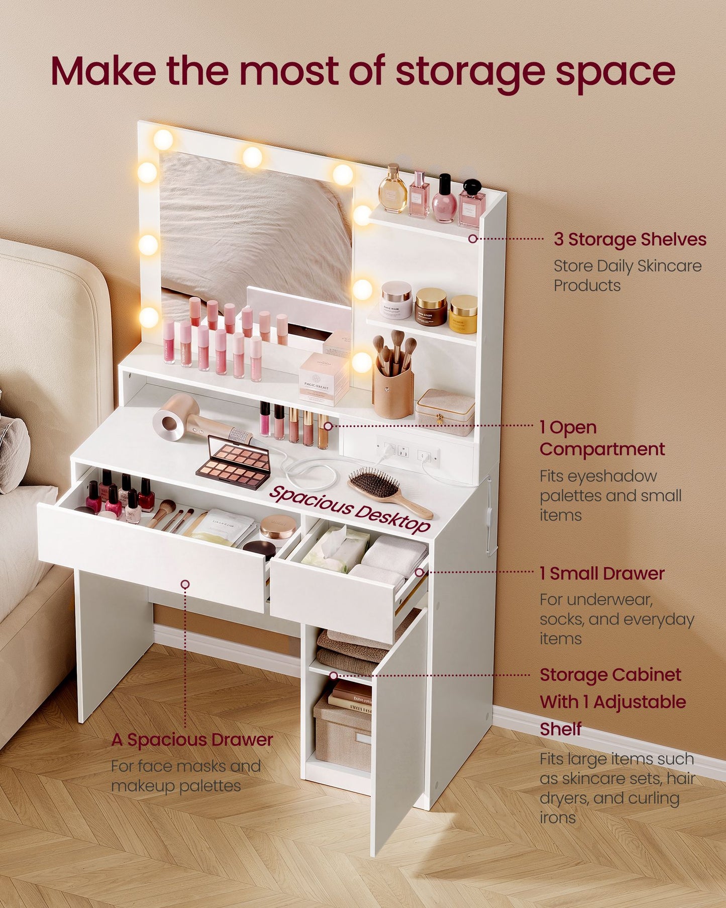VASAGLE Cloud White Vanity Desk with Lit Mirror and Outlets – Matte White