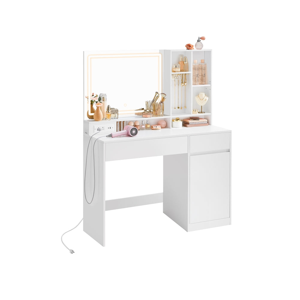VASAGLE Vanity Desk with Mirror and Lights, Power Outlets – Cloud White