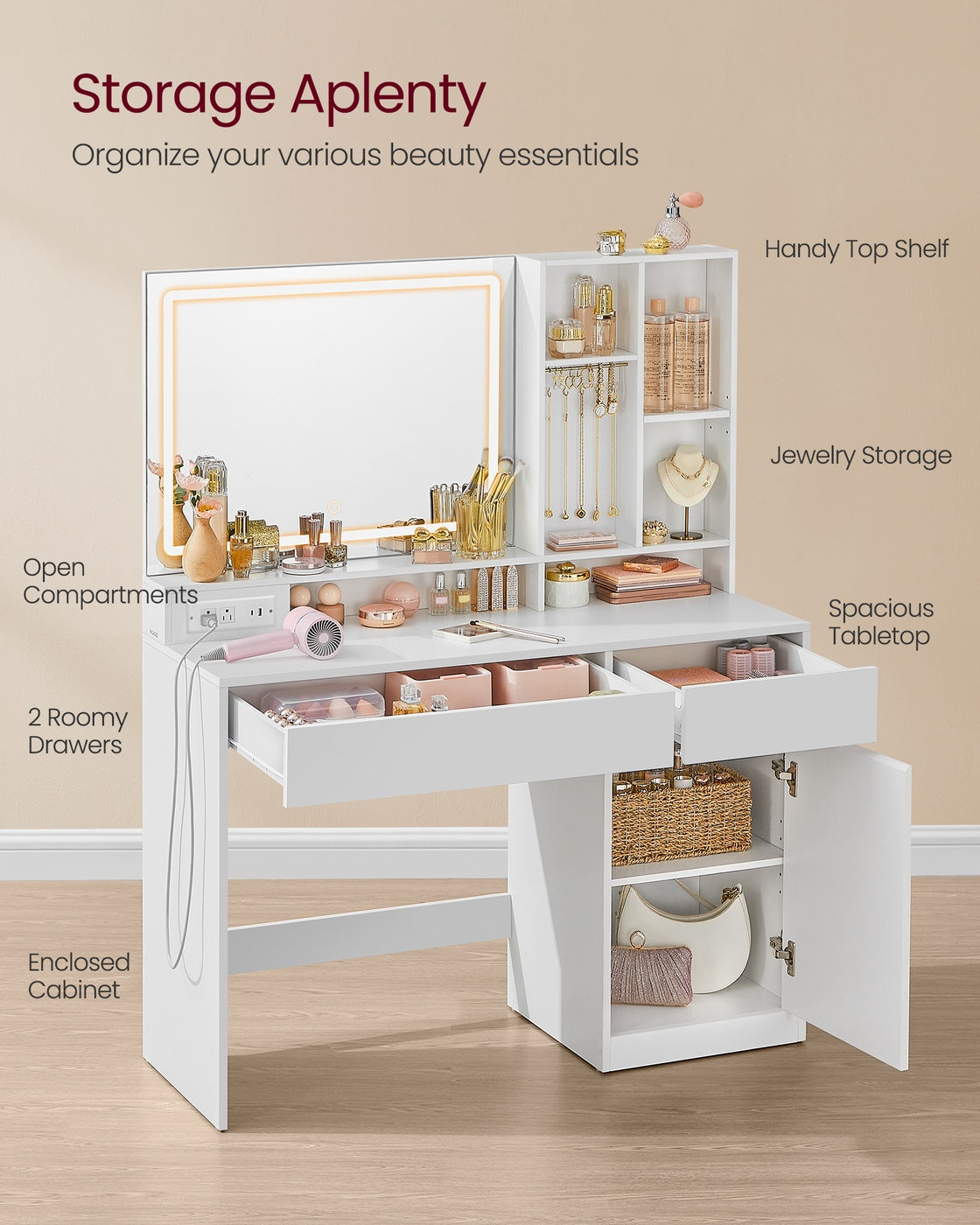 VASAGLE Vanity Desk with Mirror and Lights, Power Outlets – Cloud White