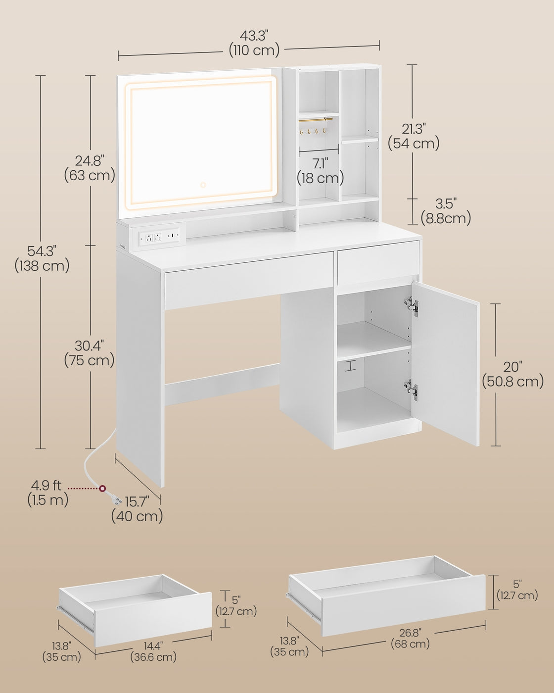 VASAGLE Vanity Desk with Mirror and Lights, Power Outlets – Cloud White