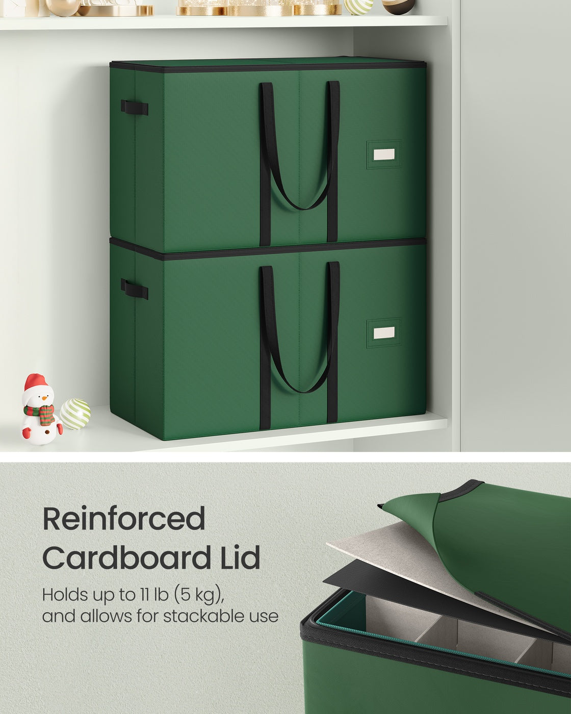 SONGMICS Large Christmas Ornament Storage Boxes, Set of 2, Dual Zippers – Forest Green