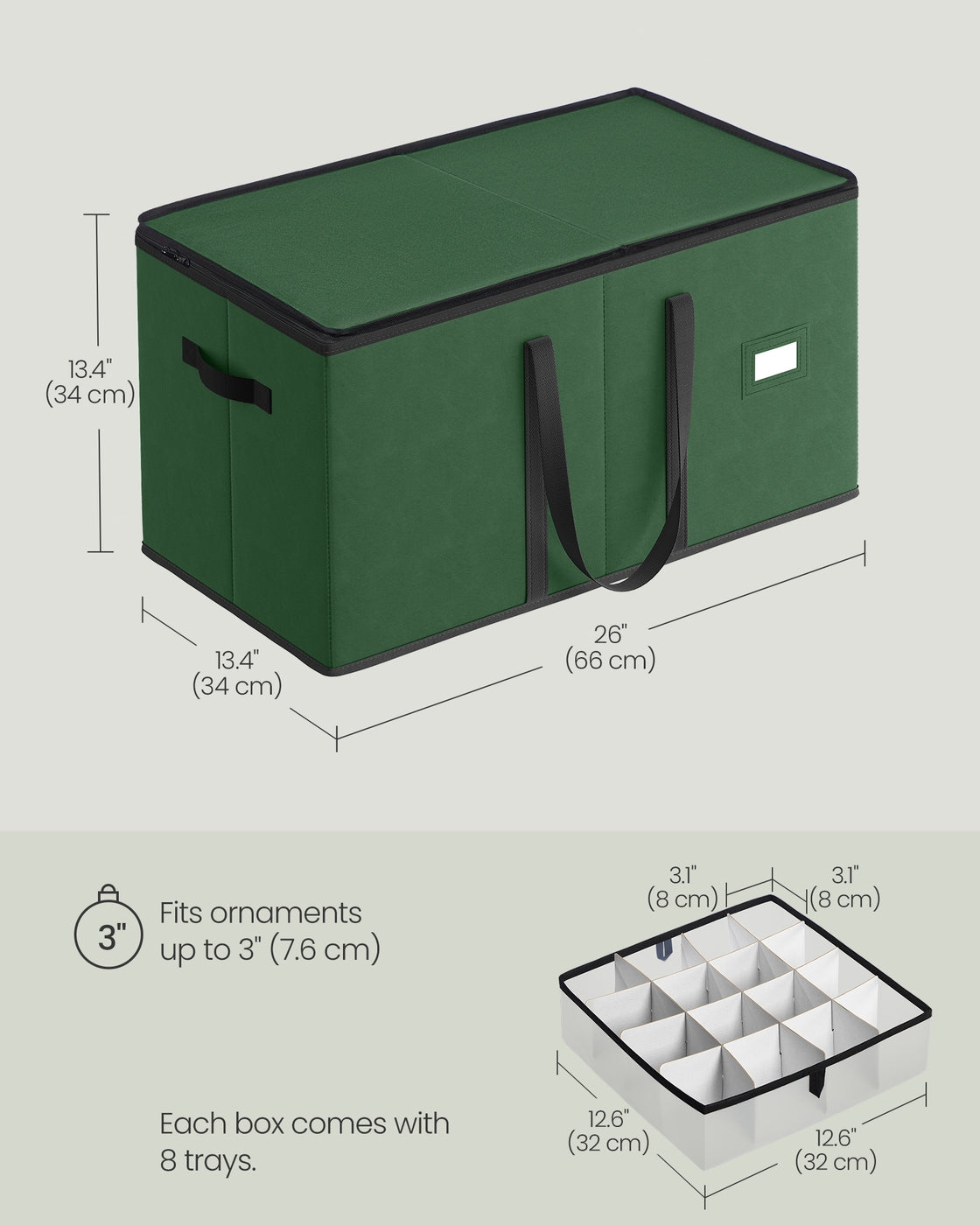 SONGMICS Large Christmas Ornament Storage Boxes, Set of 2, Dual Zippers – Forest Green