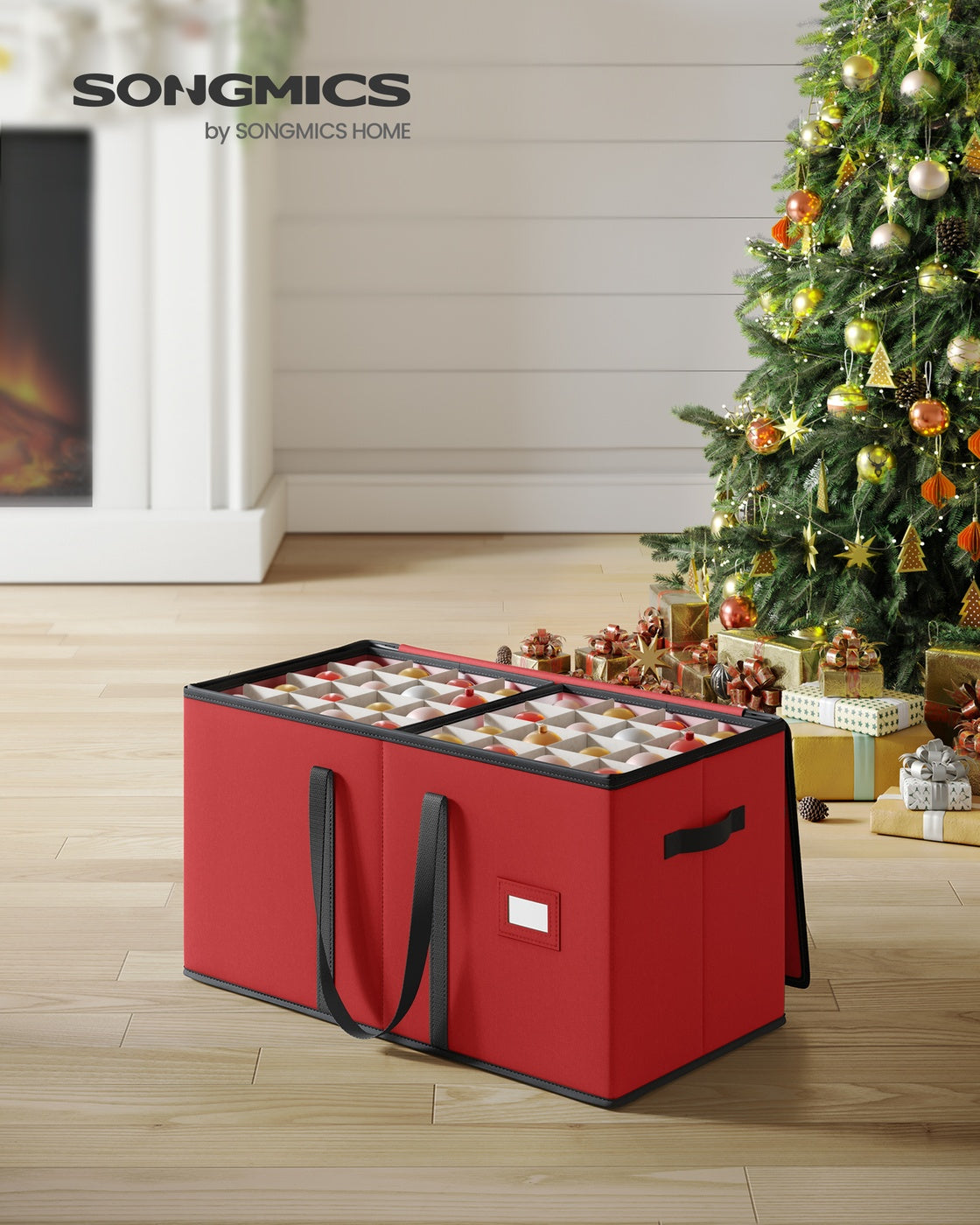 SONGMICS Large Christmas Ornament Storage Boxes, Set of 2, Dual Zippers – Cherry Red