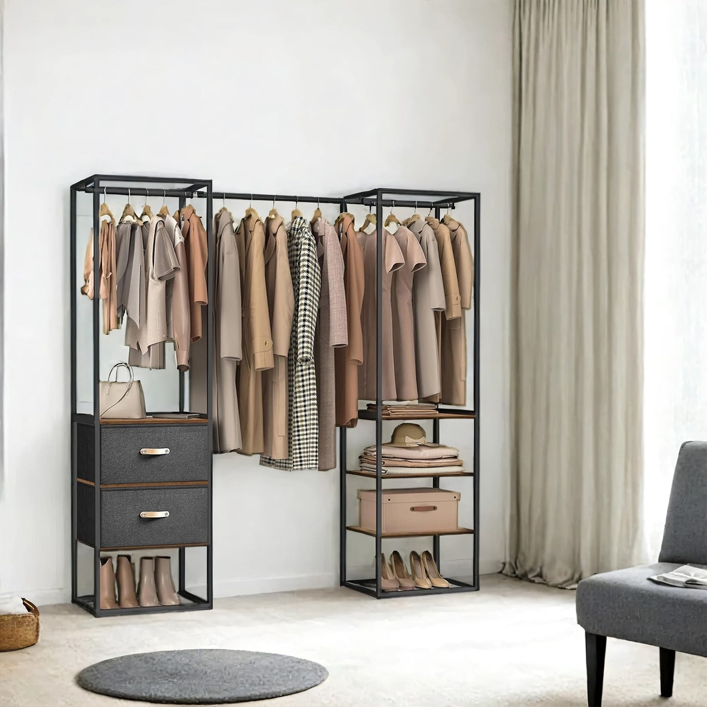 SONGMICS Freestanding Heavy Duty Clothes Rack with Extendable Hanging Rod – Rustic Brown