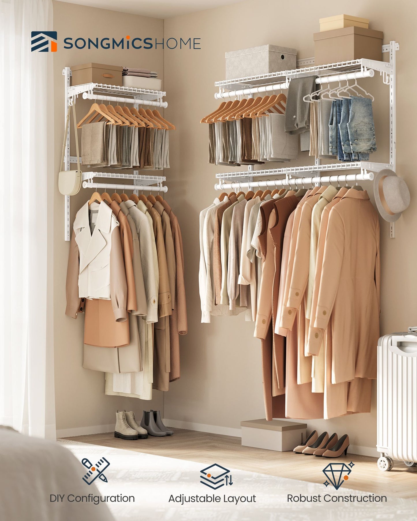 SONGMICS HOME White Adjustable Closet System with 8 Rods and 8 Shelves – Cloud White