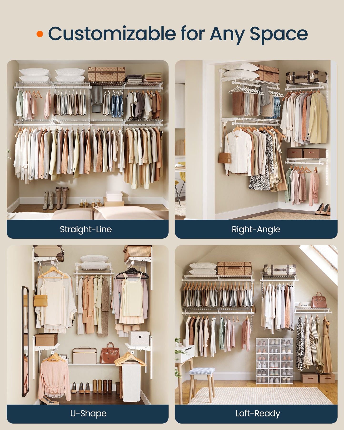 SONGMICS HOME White Adjustable Closet System with 8 Rods and 8 Shelves – Cloud White