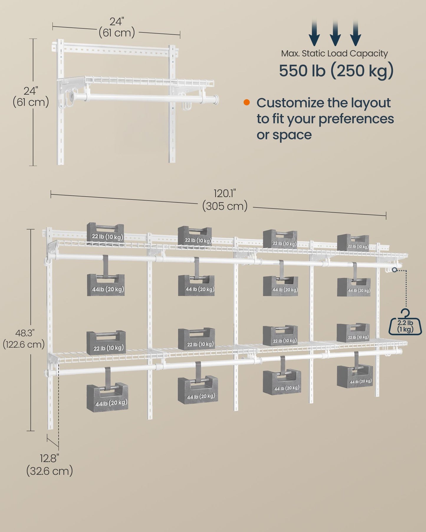 SONGMICS HOME White Adjustable Closet System with 8 Rods and 8 Shelves – Cloud White