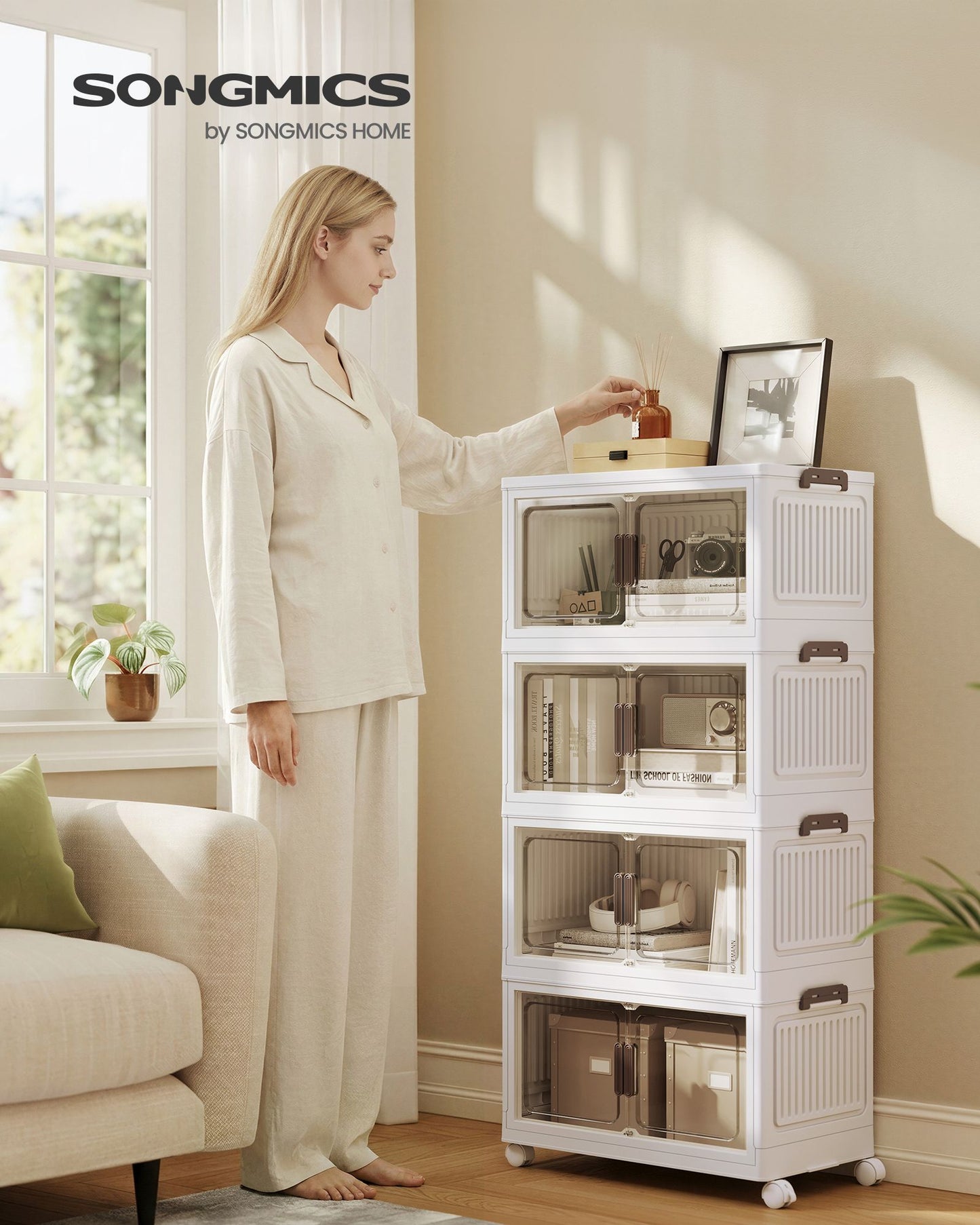 SONGMICS White 58Qt Foldable Storage Bins with Doors and Wheels