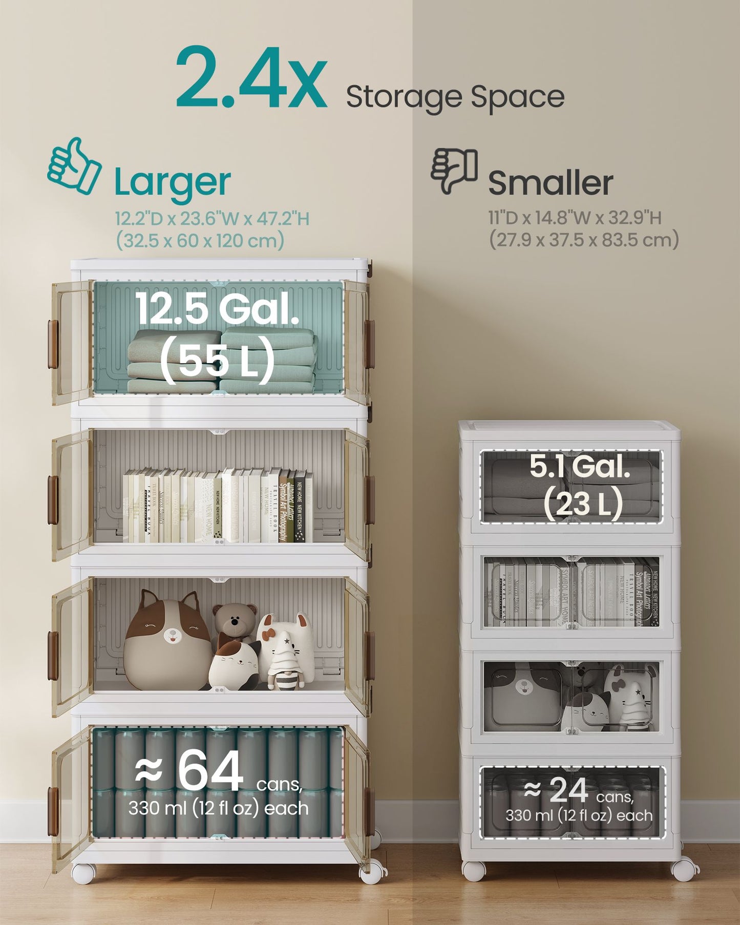 SONGMICS White 58Qt Foldable Storage Bins with Doors and Wheels