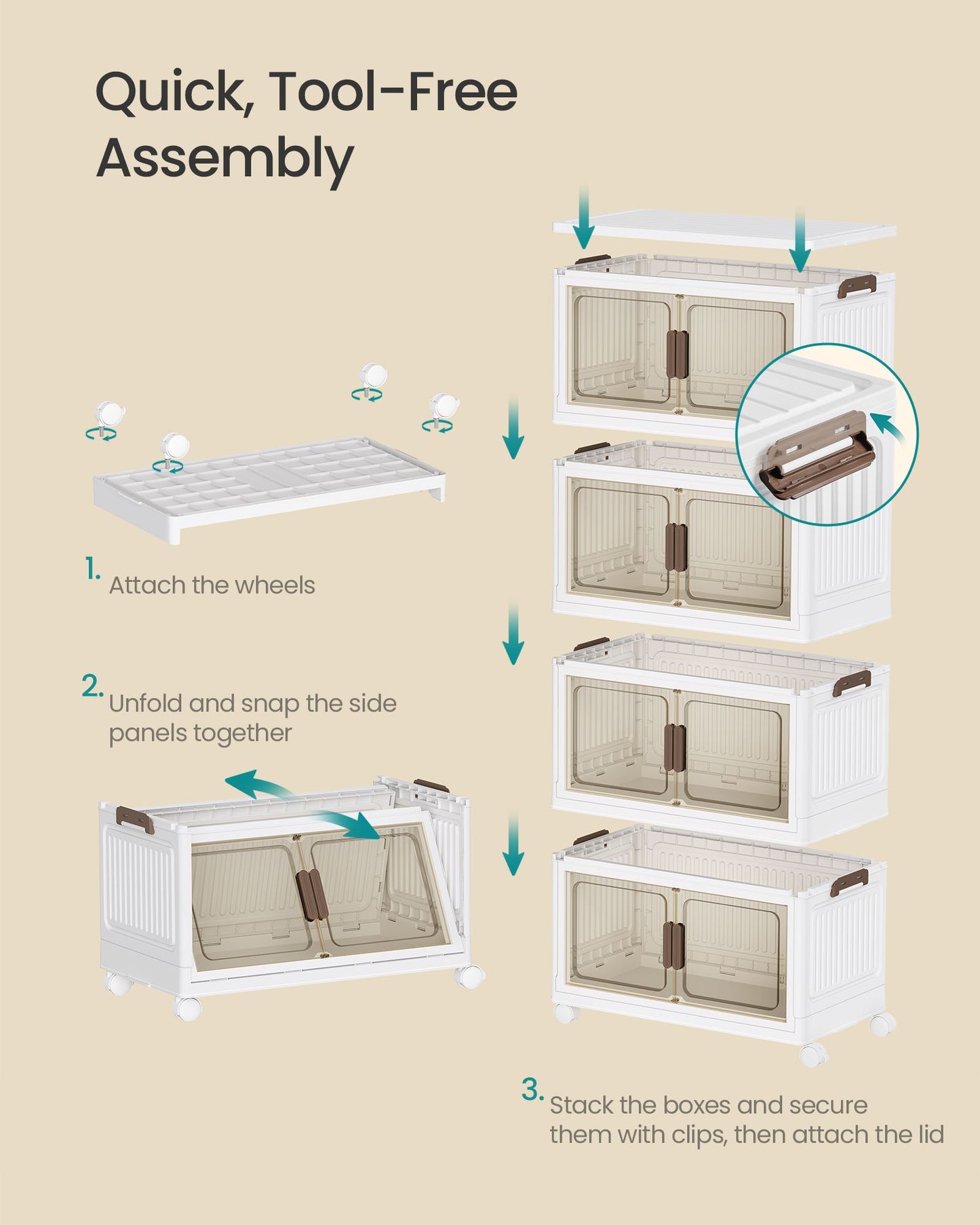 SONGMICS White 58Qt Foldable Storage Bins with Doors and Wheels