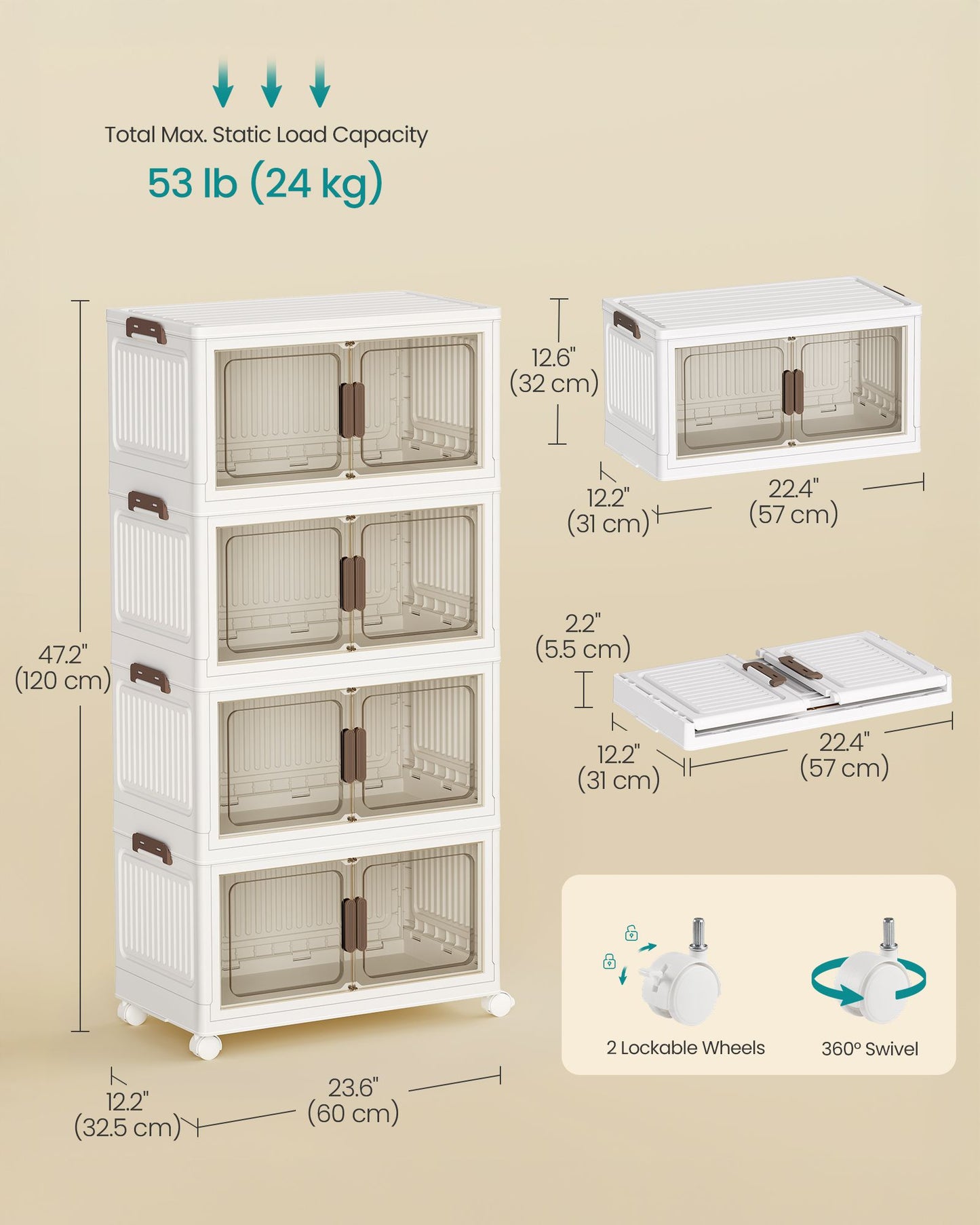 SONGMICS White 58Qt Foldable Storage Bins with Doors and Wheels